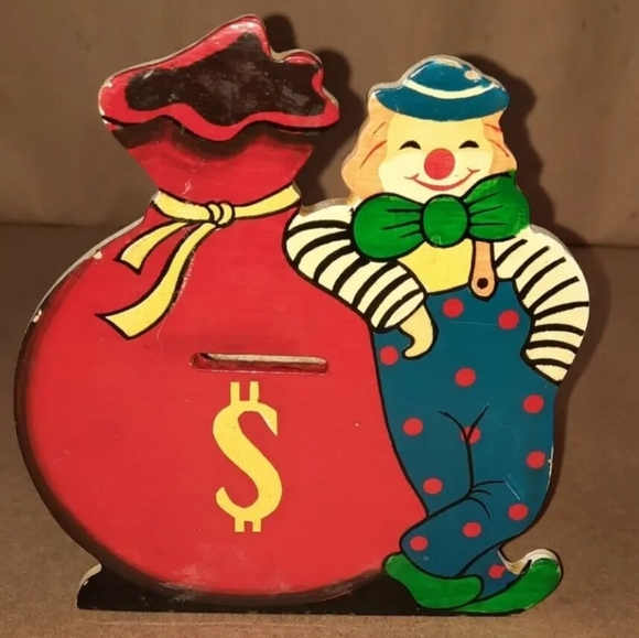 Moneybag Clown Piggy Bank Vintage Justen Products Wood Coin Bank - Picture 1 of 9